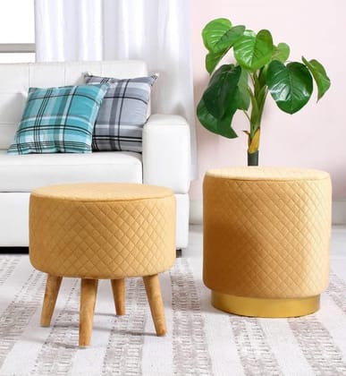 Shadowkart Ottoman Pouffes Sitting Mudda Puffy Stool for Living Room Dressing Table Pouf Round Footstool for Office Home Decor, Check Holland Velvet Drum Or Leg Stool, Combo Pack of 2, Beige