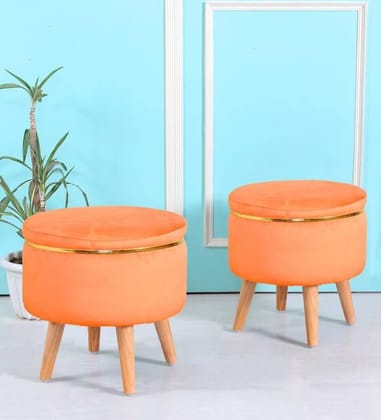 ShadowKart Pouffes Sitting Stool for Living Room, Mudda Puffy Wooden Ottoman Stools, Pouffe Footstool, Pouf for Office Home Decoration & Dressing Table, 16x16x18 Inch, Combo, Orange