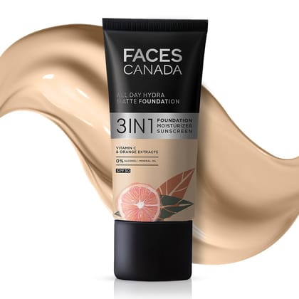 FACES CANADA All Day Hydra Matte Foundation | 3-In-1 Foundation + Moisturizer + SPF 30 | 24 HR Aloe Hydration & Vitamin C | 10HR Long Wear | Absolute Ivory 012 |