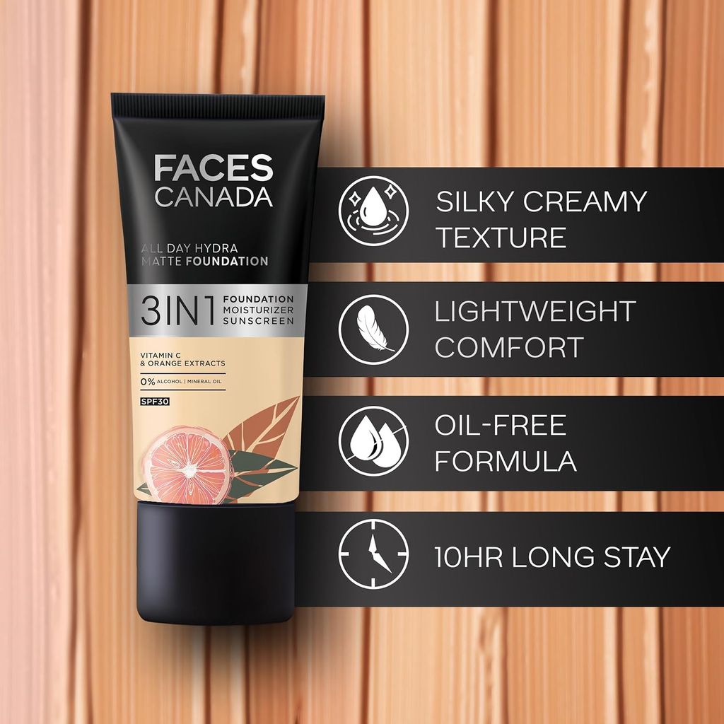 FACESCANADA All Day Hydra Matte Foundation | 3-In-1 Foundation + Moisturizer + SPF 30 | 24 HR Aloe Hydration & Vitamin C | 10HR Long Wear | Medium To High Buildable Coverage | Rich Ivory | 25ml