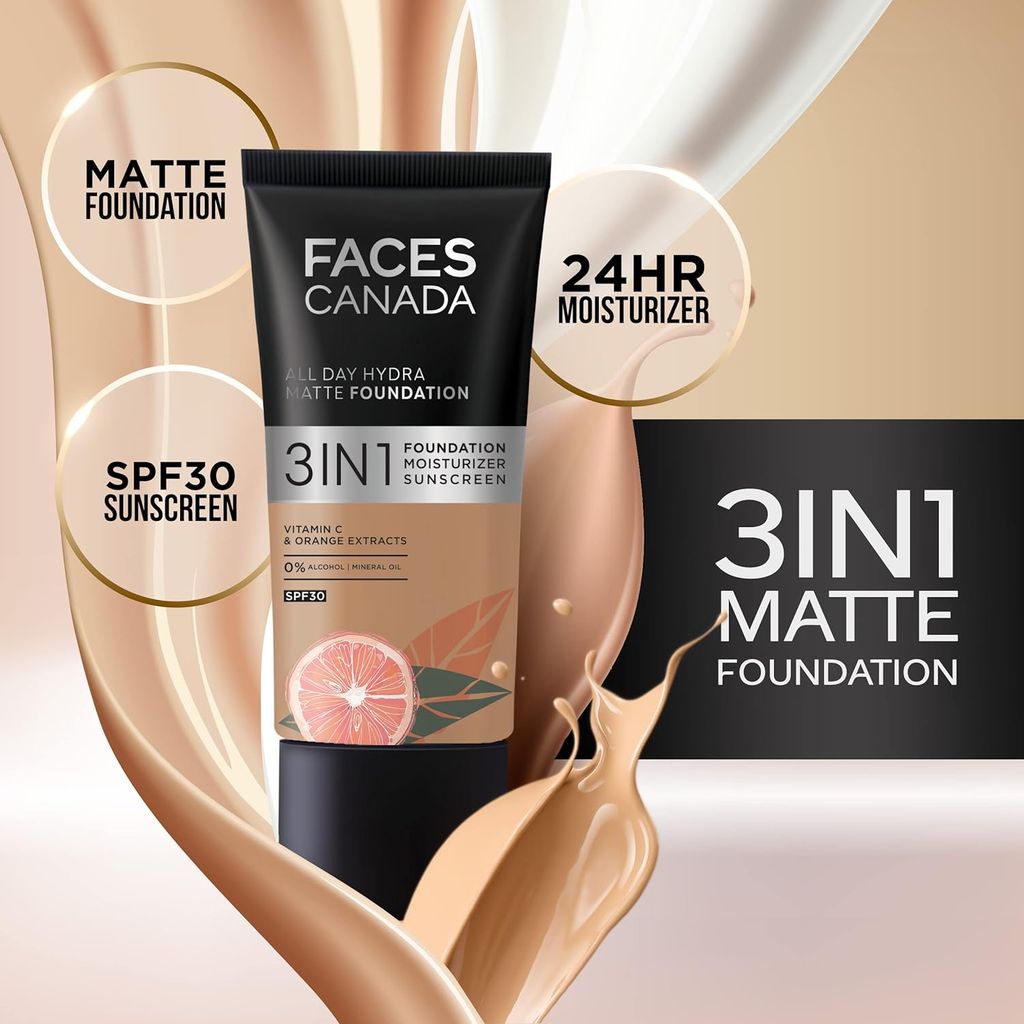 FACESCANADA All Day Hydra Matte Foundation | 3-In-1 Foundation + Moisturizer + SPF 30 | 24 HR Aloe Hydration & Vitamin C | 10HR Long Wear | Medium To High Buildable Coverage | Rich Ivory | 25ml