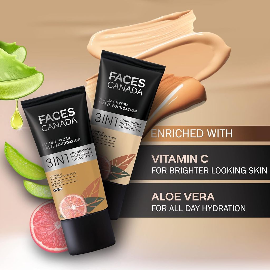 FACESCANADA All Day Hydra Matte Foundation | 3-In-1 Foundation + Moisturizer + SPF 30 | 24 HR Aloe Hydration & Vitamin C | 10HR Long Wear | Medium To High Buildable Coverage | Rich Ivory | 25ml