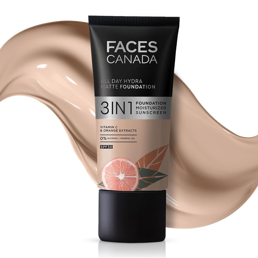 FACESCANADA All Day Hydra Matte Foundation | 3-In-1 Foundation + Moisturizer + SPF 30 | 24 HR Aloe Hydration & Vitamin C | 10HR Long Wear | Medium To High Buildable Coverage | Rich Ivory | 25ml
