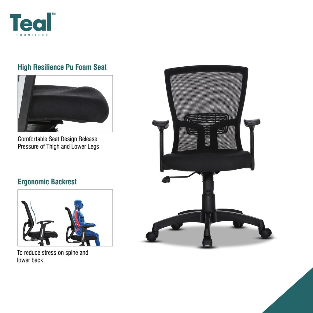 TEAL® Hector MB Office Chair | 1 Years Warranty | Chair for Office Work at Home, Ergonomic Chair, Computer Chair, Mid Back Chair, Adjustable Lumbar Support Single Lock-DIY, (Black)