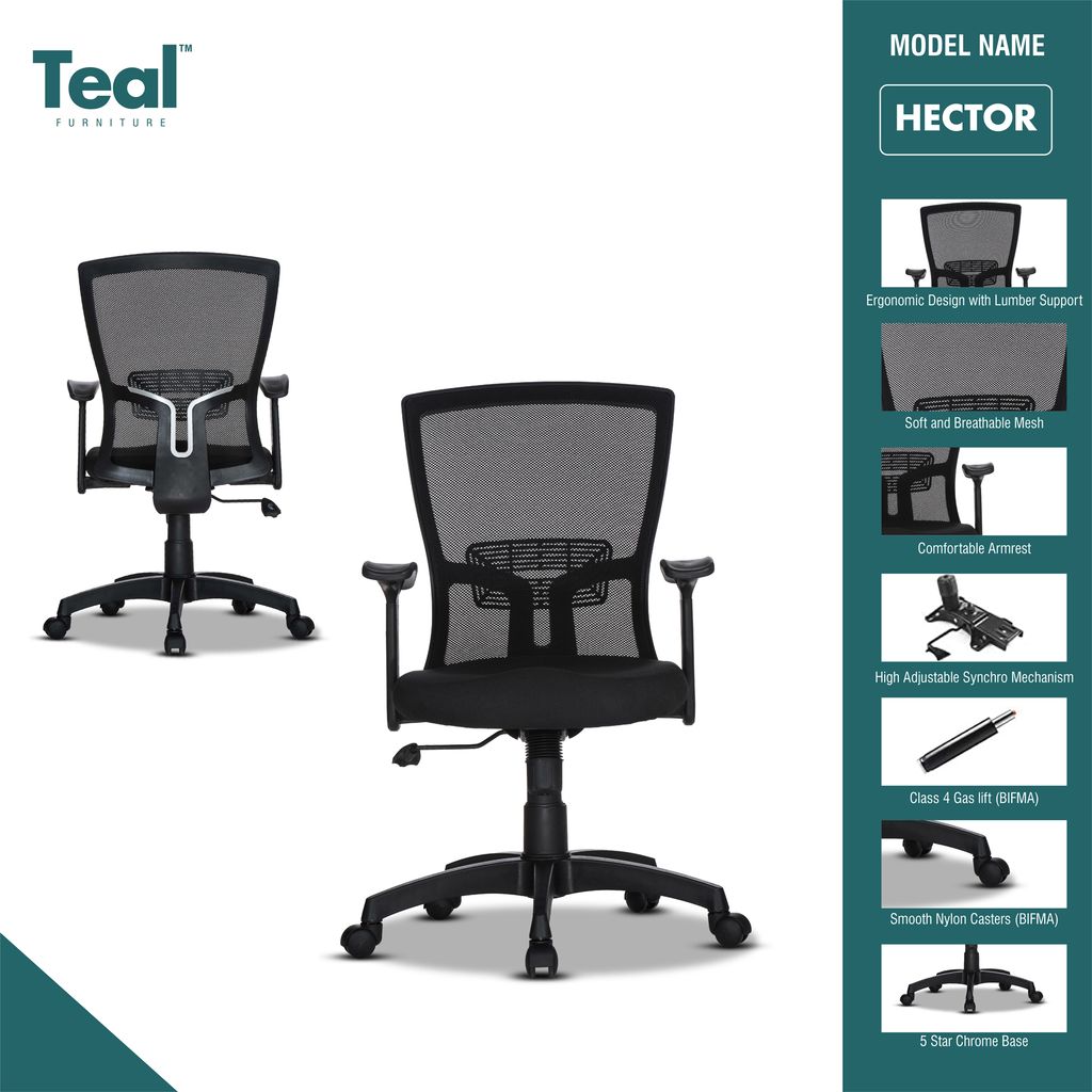 TEAL® Hector MB Office Chair | 1 Years Warranty | Chair for Office Work at Home, Ergonomic Chair, Computer Chair, Mid Back Chair, Adjustable Lumbar Support Single Lock-DIY, (Black)