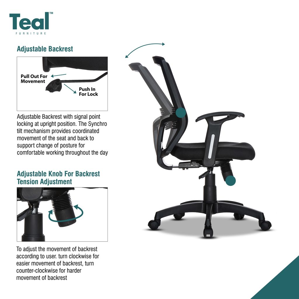 TEAL® Hector MB Office Chair | 1 Years Warranty | Chair for Office Work at Home, Ergonomic Chair, Computer Chair, Mid Back Chair, Adjustable Lumbar Support Single Lock-DIY, (Black)