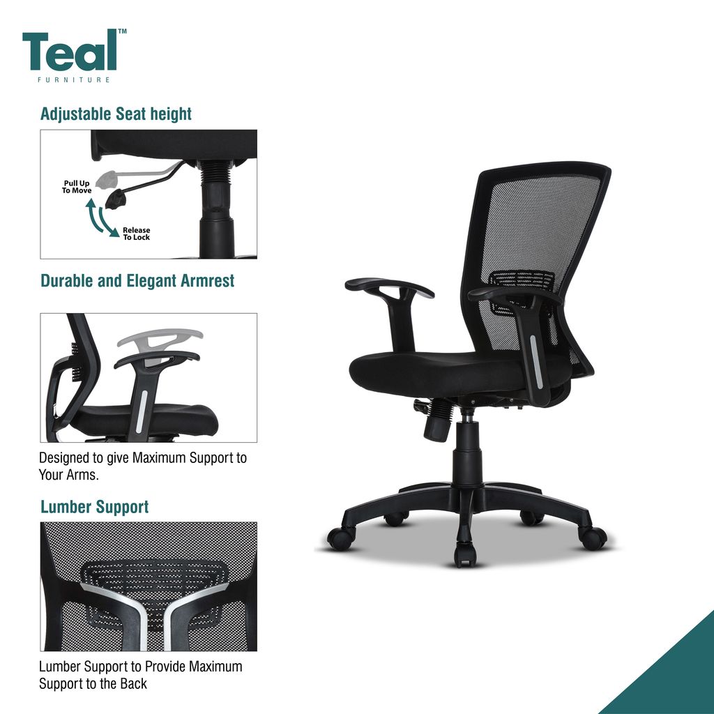TEAL® Hector MB Office Chair | 1 Years Warranty | Chair for Office Work at Home, Ergonomic Chair, Computer Chair, Mid Back Chair, Adjustable Lumbar Support Single Lock-DIY, (Black)