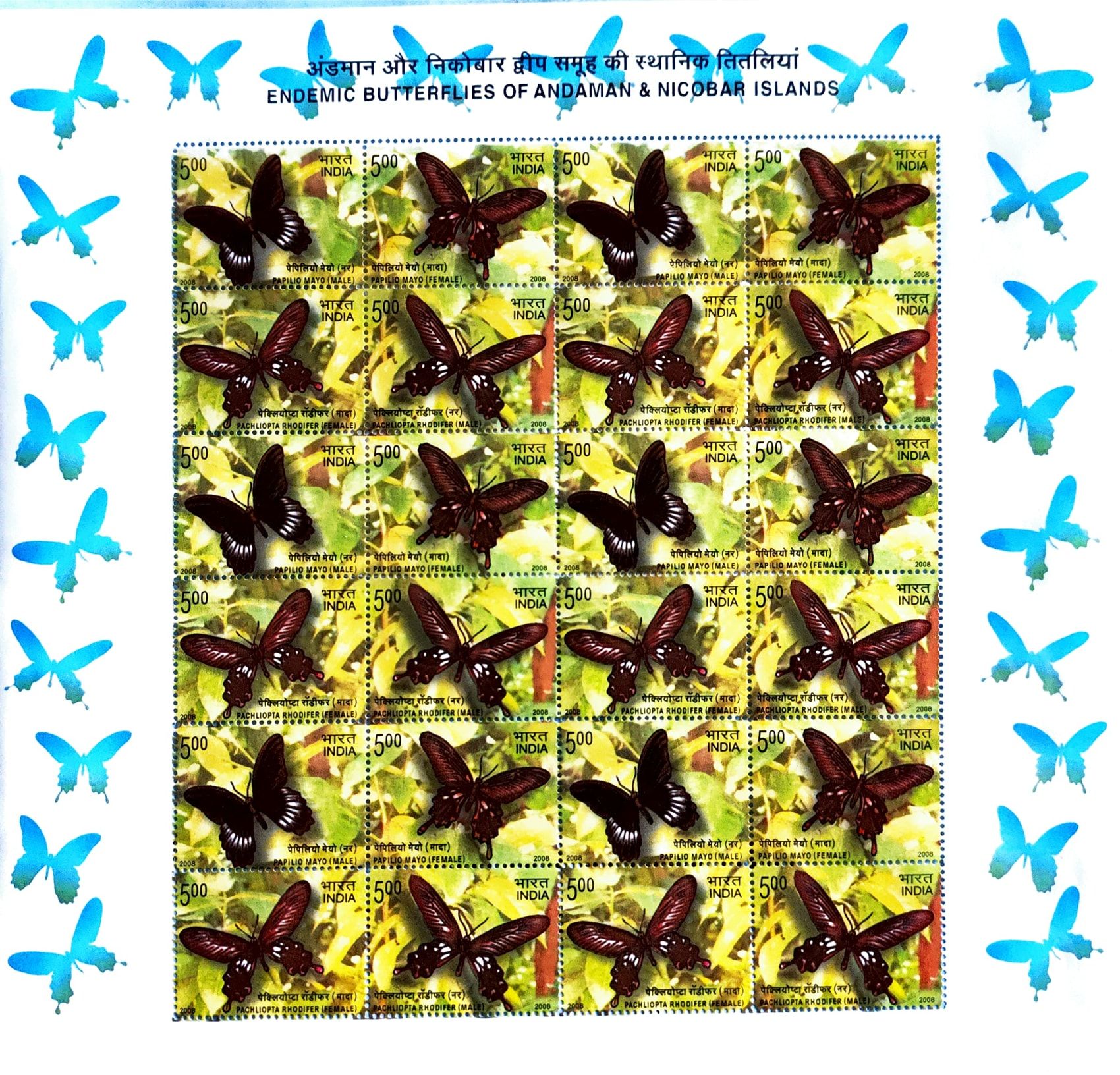 Shobhaphila's Indian Sheetlet Sheet - Mixed Butterflies of Andaman Nicobar Stamp (2nd Jan  2008)