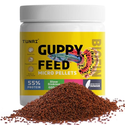 Tunai Guppy Fish Food with 55% Protein| 40g |600 Microns - Slow Sinking Micro Pellets| Guaranteed Tail Color Enhancement for Guppies, Taiwan Formula
