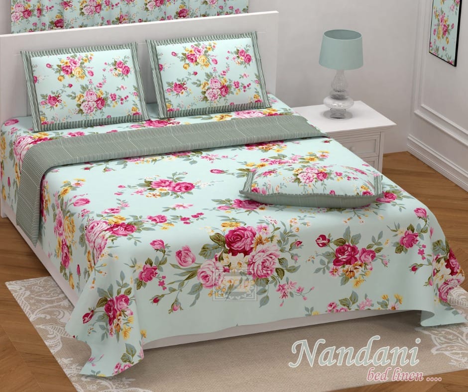 Shades of pastel green and pink floral print on double cotton twill bedsheet and two pillow covers