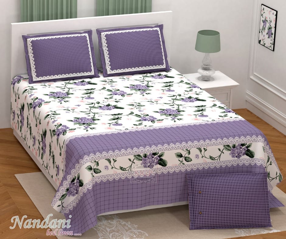 Exquisite purple floral premium twill cotton double bedsheet with two pillow covers
