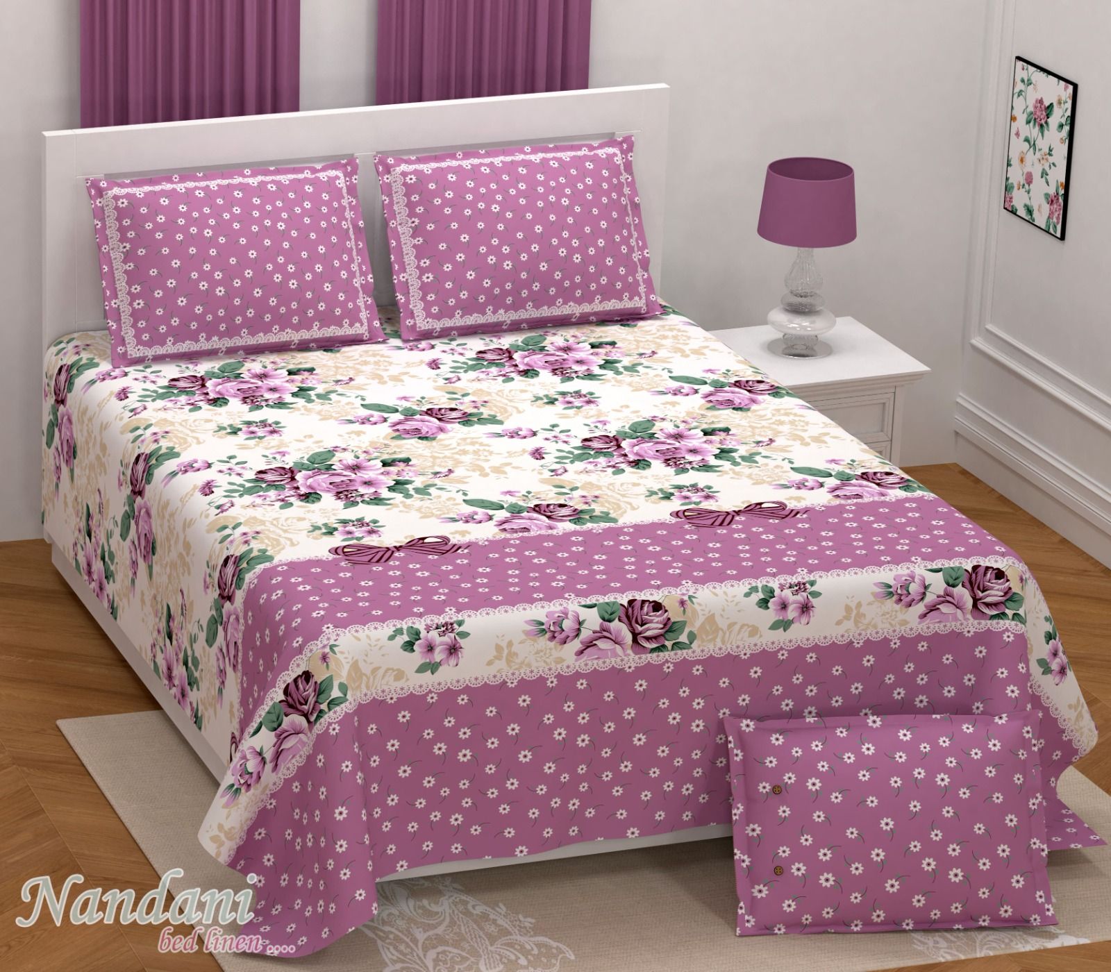 Exquisite pink and white floral premium twill cotton double bedsheet with two pillow covers