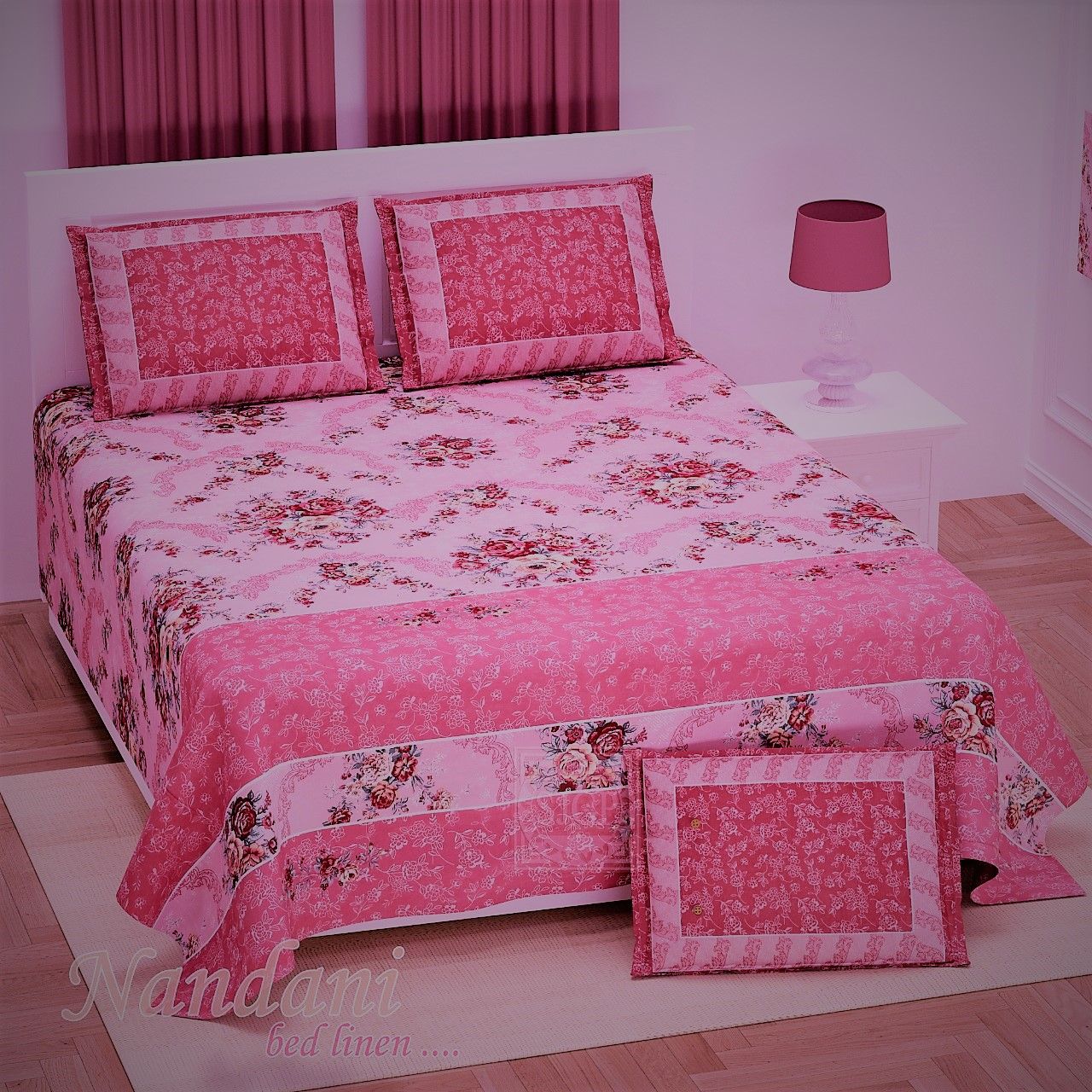 Exquisite pink floral premium twill cotton double bedsheet with two pillow covers