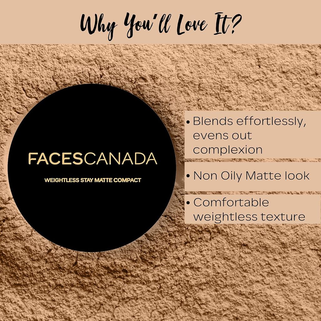 FACES CANADA Weightless Stay Matte Finish Compact Powder - Natural, 9 G | Non Oily Matte Look | Evens Out Complexion | Hides Imperfections | Blends Effortlessly | Pressed Powder For All Skin Types