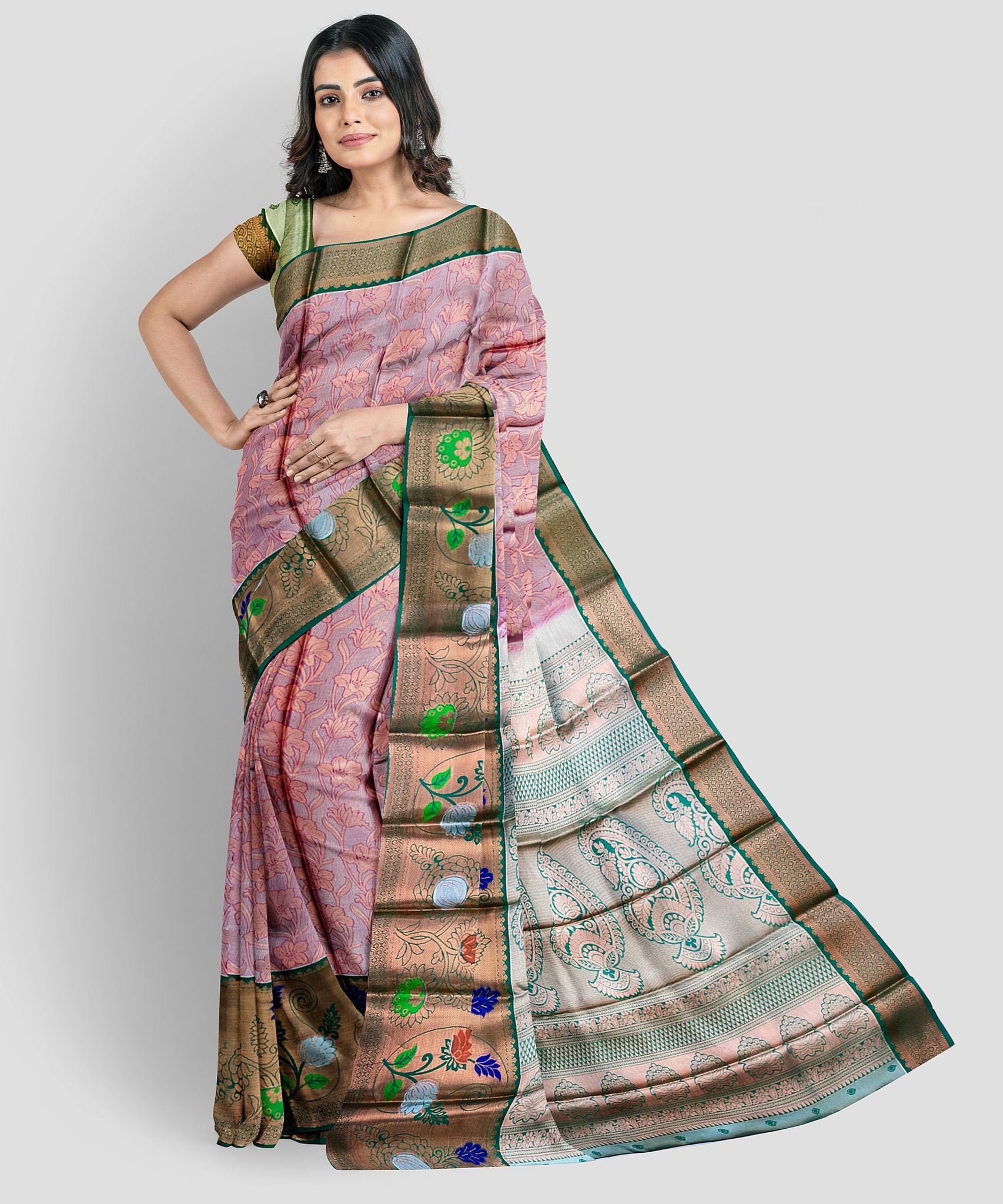 Light Pink Color Long Border Tissue Silk Saree