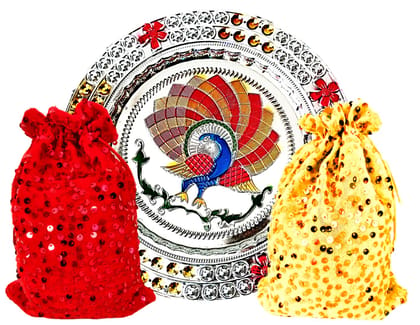 Omkar by R3 Inc. Multicolor Silver Gift Plate with Shagun Potli for Gifts Hampers | Fancy Hamper| Wedding Basket / Pouch for gift Packing (Pack of 3)
