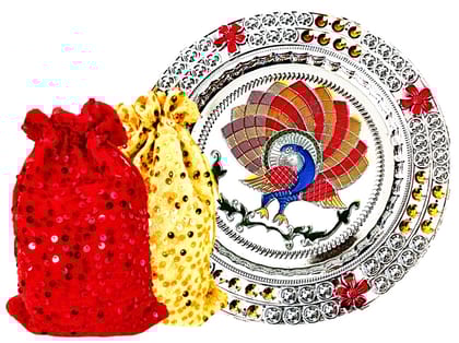 Omkar by R3 Inc. Multicolor Silver Gift Plate with Shagun Potli for Gifts Hampers | Fancy Hamper| Wedding Basket / Pouch for gift Packing (Pack of 3)