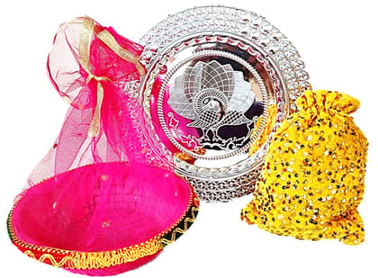 Omkar by R3 Inc. Silver Gift Plate, Basket with Shagun Potli for Gifts Hampers | Fancy Hamper| Wedding Basket / Pouch for gift Packing (Pack of 3)
