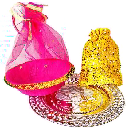 Omkar by R3 Inc. Silver Gift Plate, Basket with Shagun Potli for Gifts Hampers | Fancy Hamper| Wedding Basket / Pouch for gift Packing (Pack of 3)