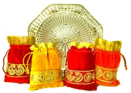 Omkar by R3 Inc. Gold Gift Basket / Bowl with Shagun Potli for Gifts Hampers | Fancy Hamper| Wedding Basket / Pouch for gift Packing (Pack of 5)