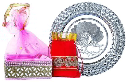 Omkar by R3 Inc. Silver Gift Plate, Square Basket with Shagun Potli for Gifts Hampers | Fancy Hamper| Wedding Basket / Pouch for gift Packing (Pack of 3)