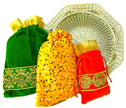 Omkar by R3 Inc. Gold Gift Basket / Bowl with Assorted size Shagun Potli for Gifts Hampers | Fancy Hamper| Wedding Basket / Pouch for gift Packing (Pack of 4)
