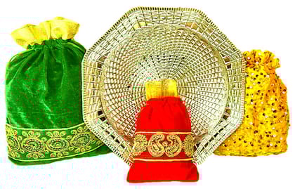 Omkar by R3 Inc. Gold Gift Basket / Bowl with Assorted size Shagun Potli for Gifts Hampers | Fancy Hamper| Wedding Basket / Pouch for gift Packing (Pack of 4)