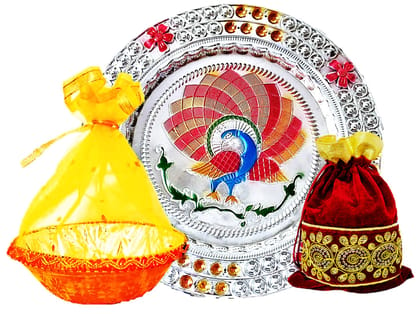 Omkar by R3 Inc. Multicolor Silver Gift Plate, Basket with Shagun Potli for Gifts Hampers | Fancy Hamper| Wedding Basket / Pouch for gift Packing (Pack of 3)