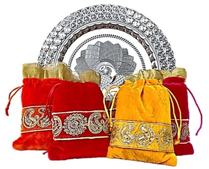 Omkar by R3 Inc. Silver Gift Plate with Shagun Potli for Gifts Hampers | Fancy Hamper| Wedding Basket / Pouch for gift Packing (Pack of 5)