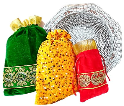 Omkar by R3 Inc. Silver Gift Basket / Bowl with Assorted size Shagun Potli for Gifts Hampers | Fancy Hamper| Wedding Basket / Pouch for gift Packing (Pack of 4)