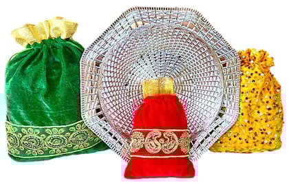 Omkar by R3 Inc. Silver Gift Basket / Bowl with Assorted size Shagun Potli for Gifts Hampers | Fancy Hamper| Wedding Basket / Pouch for gift Packing (Pack of 4)