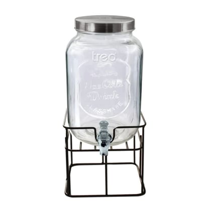 Treo Cask Dispensing Jar With Steel Tap and Iron Stand | Glass | Transparent | 1 Pc 8 Litres