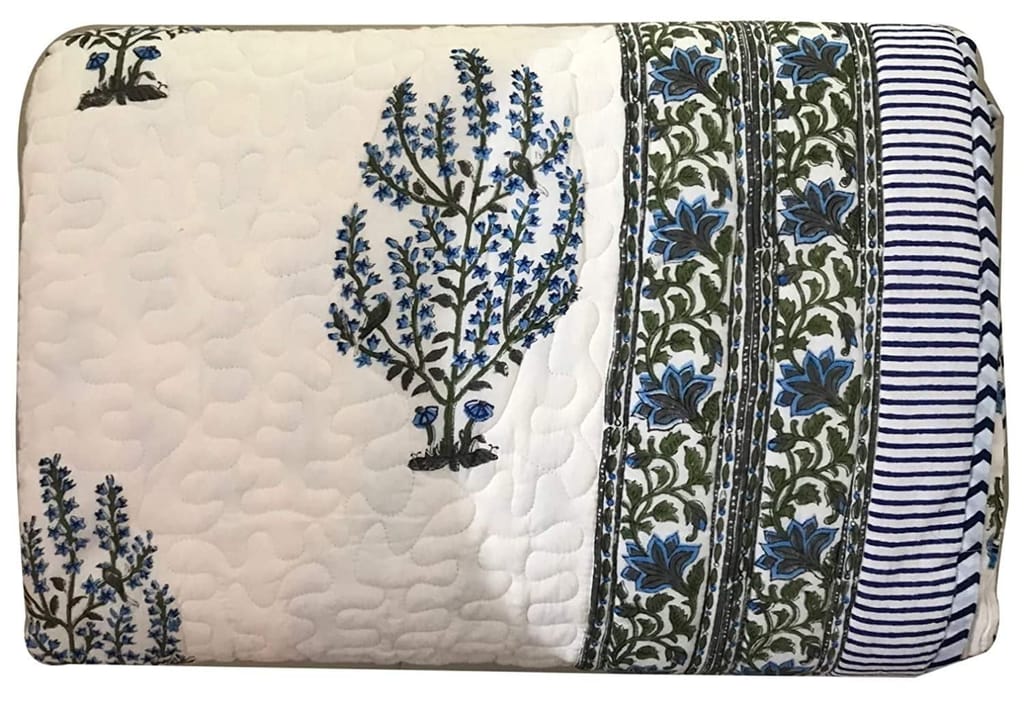 Panache Fine Cotton Pique Blockprint King Size Bedsheet + 2 Pilllow Covers