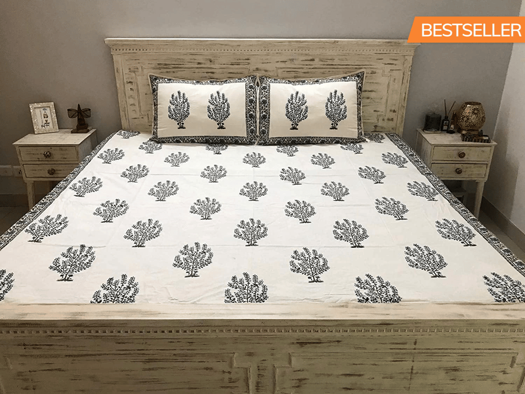 Panache Fine Cotton Pique Blockprint King Size Bedsheet + 2 Pilllow Covers