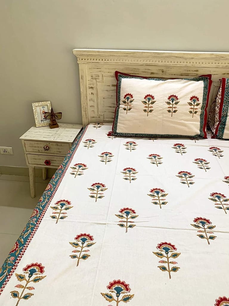 Nargis 100% Cotton Hand Block Print Red & White Bedsheet (Bedsheet + 2 Pillow Covers), King Size