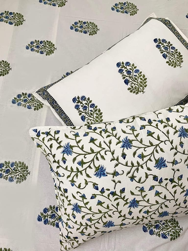 Noor Fine Cotton Block Print King Size Bedsheet + 2 Pillow Covers (Blue & Offwhite)