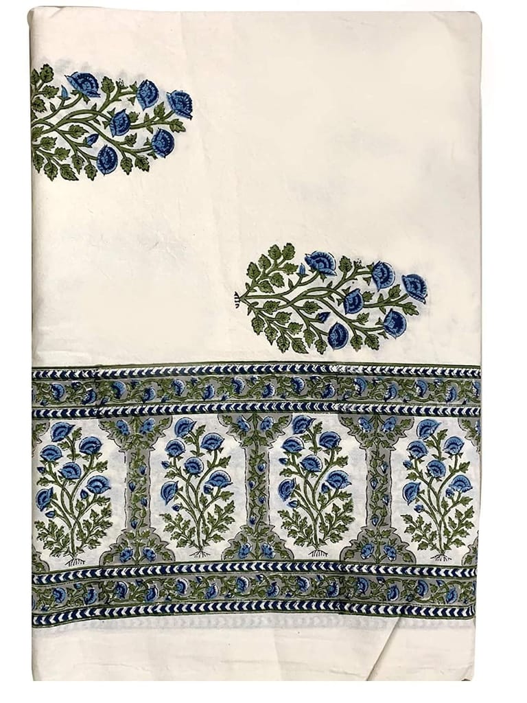 Noor Fine Cotton Block Print King Size Bedsheet + 2 Pillow Covers (Blue & Offwhite)