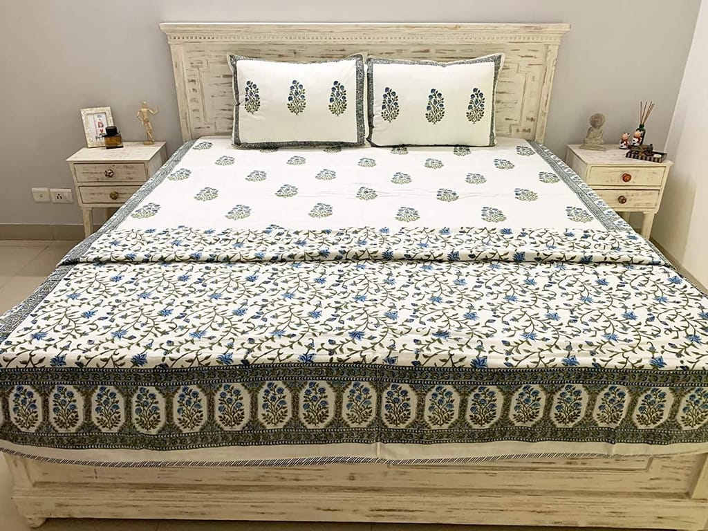 Noor Fine Cotton Block Print King Size Bedsheet + 2 Pillow Covers (Blue & Offwhite)