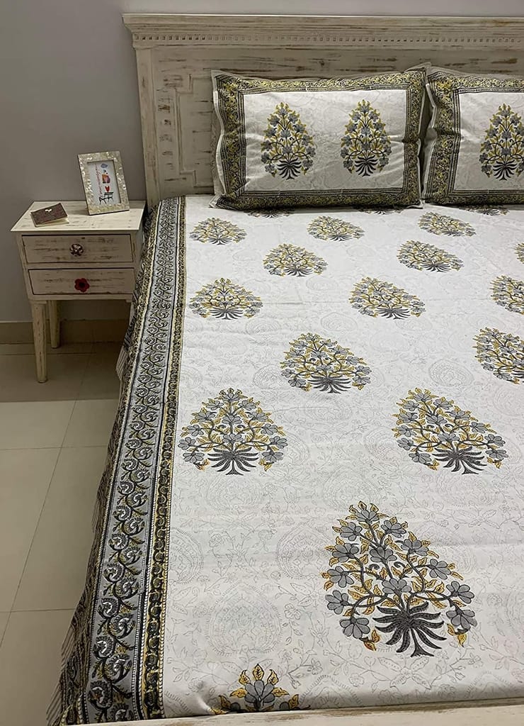 Heer 100% Cotton Hand Block Print Grey & Mustard Bedsheet (Bedsheet + 2 Pillow Covers), King Size