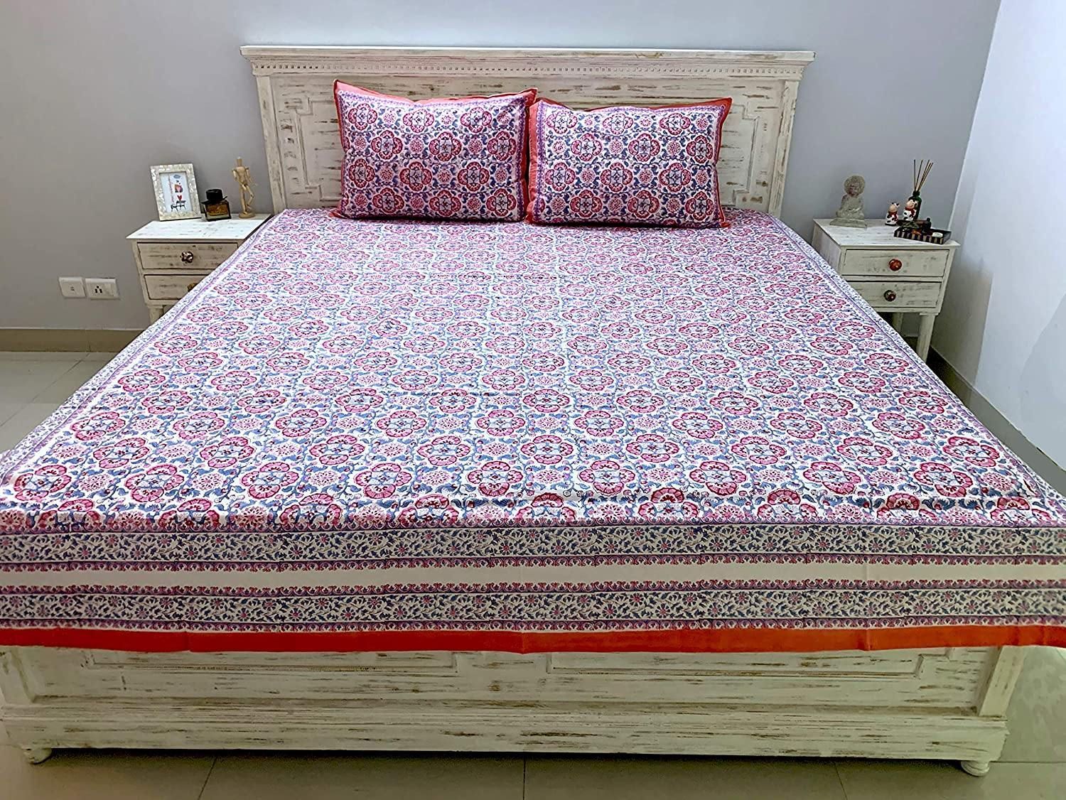 Gul 100% Cotton Hand Block Print Red & Blue Bedsheet (Bedsheet + 2 Pillow Covers), King Size