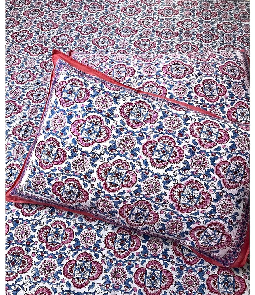 Gul 100% Cotton Hand Block Print Red & Blue Bedsheet (Bedsheet + 2 Pillow Covers), King Size