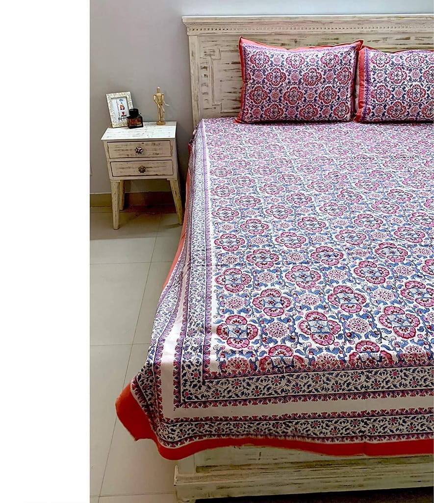 Gul 100% Cotton Hand Block Print Red & Blue Bedsheet (Bedsheet + 2 Pillow Covers), King Size
