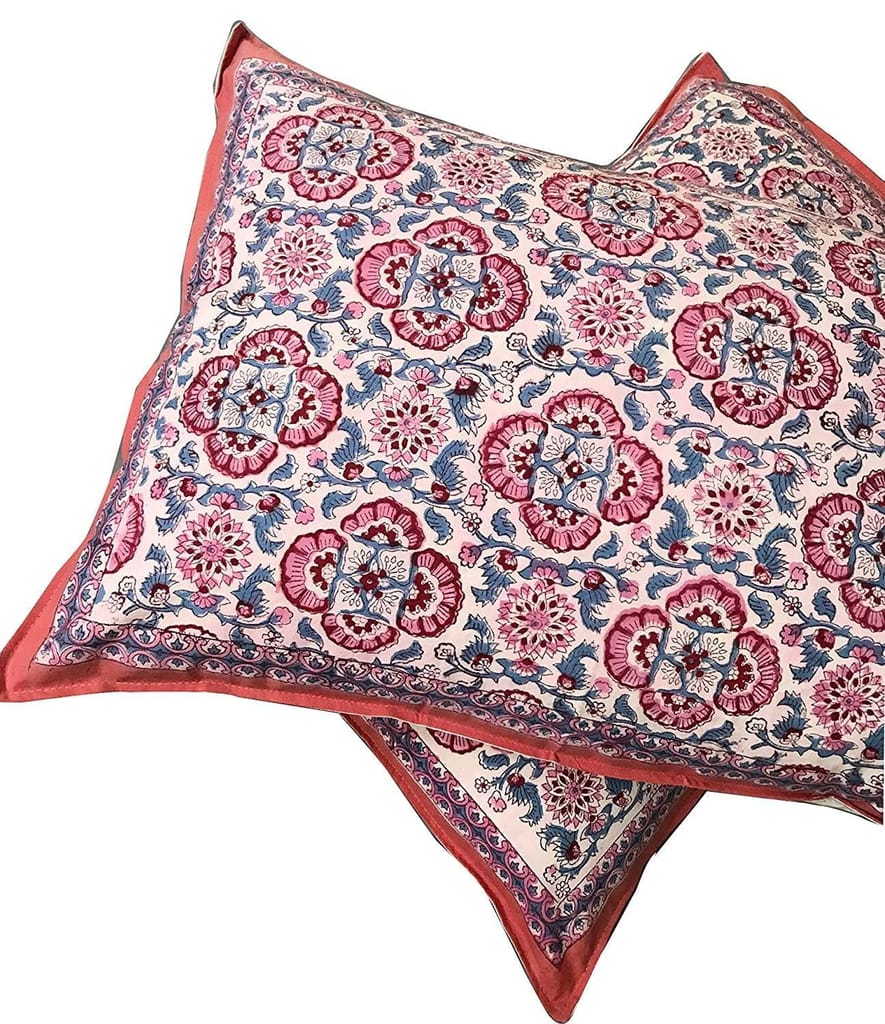 Gul 100% Cotton Hand Block Print Red & Blue Bedsheet (Bedsheet + 2 Pillow Covers), King Size