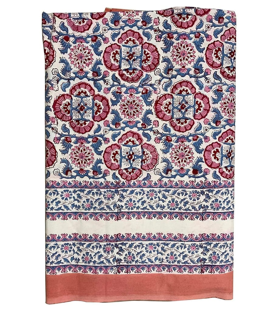 Gul 100% Cotton Hand Block Print Red & Blue Bedsheet (Bedsheet + 2 Pillow Covers), King Size