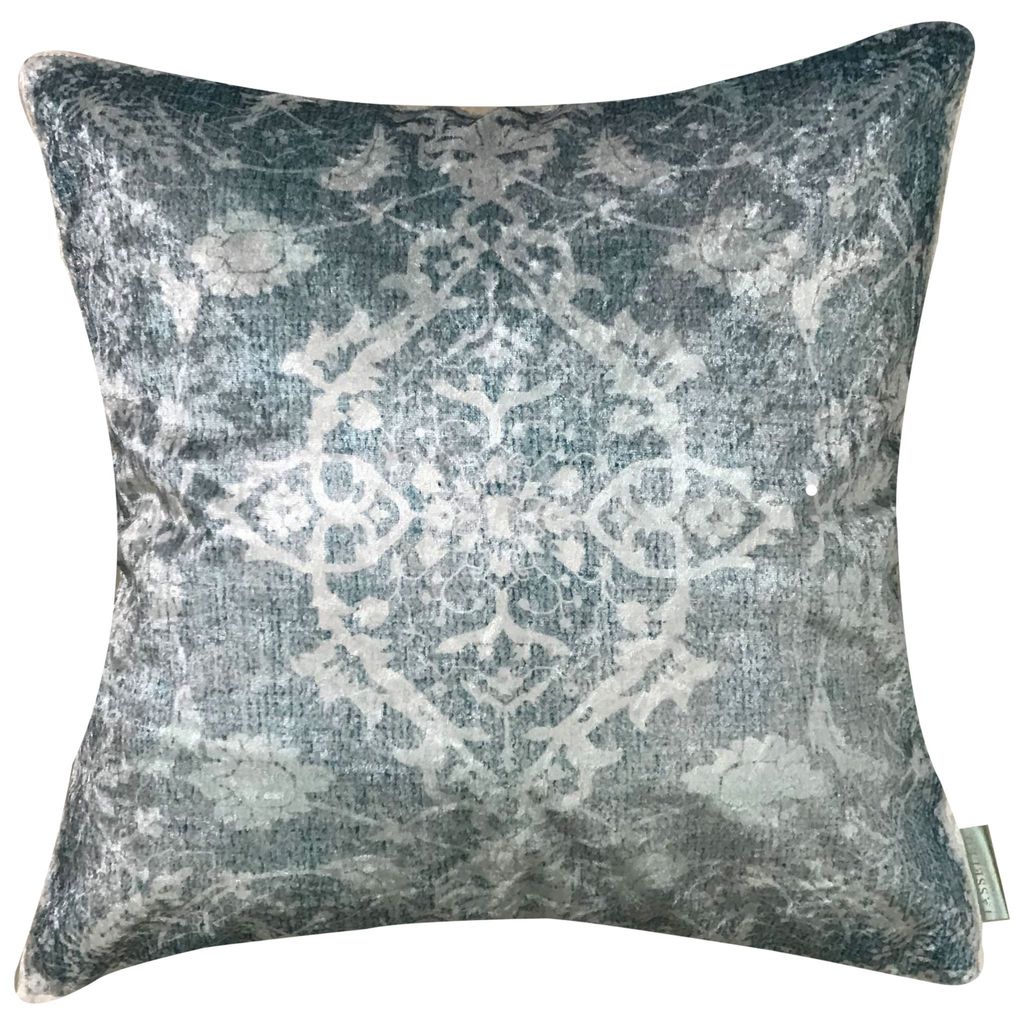 French Basilia Modern Chic Designer Floral Velvet Cushion Cover (Blue, 16 x 16 inch)