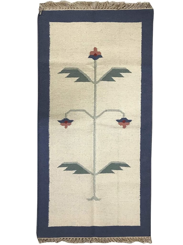 Printed Traditional Alpine Floor Runner Rug (Off White , Blue, Cotton, 2.2 Feet X 4 Feet)