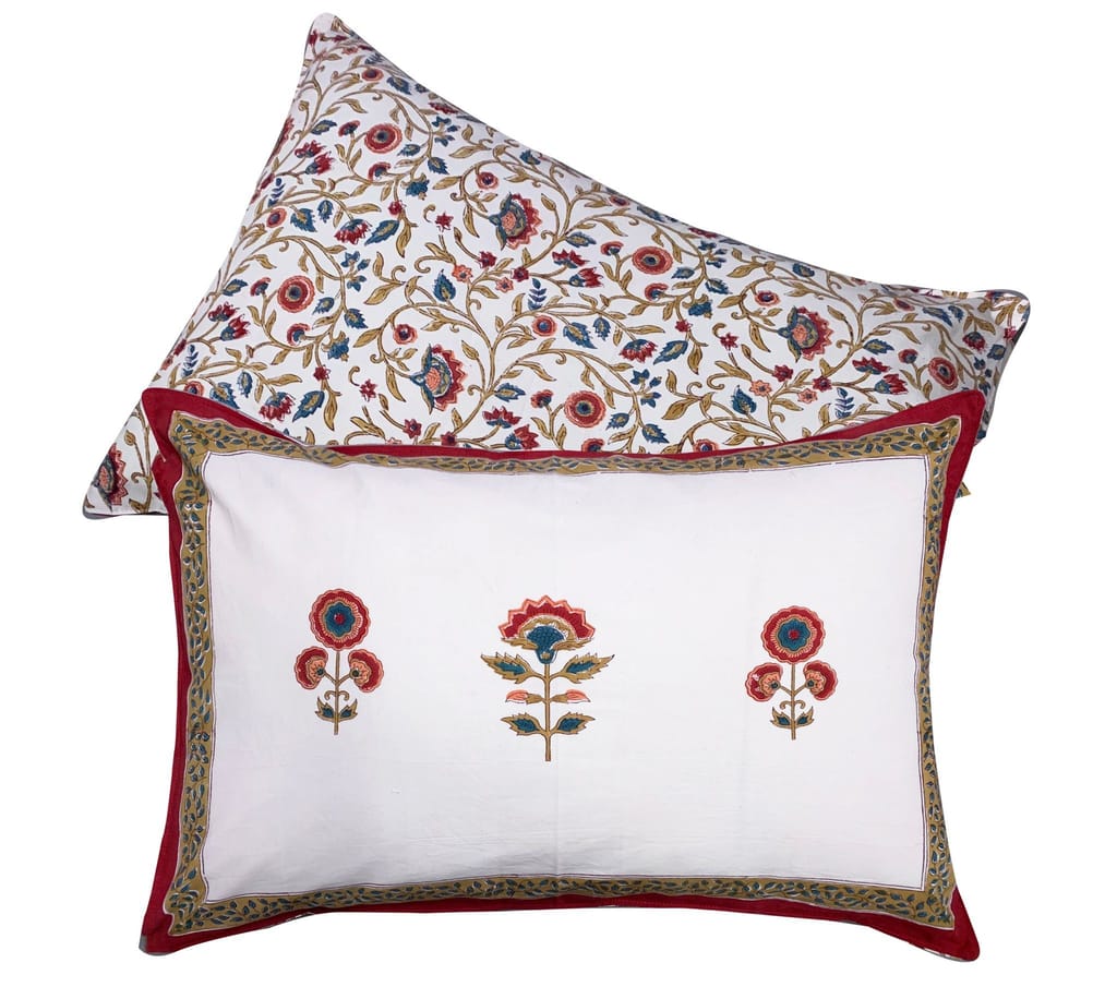 Benazir 100% Cotton Hand Block Print Red & White Bedsheet (Bedsheet + 2 Pillow Covers), King Size