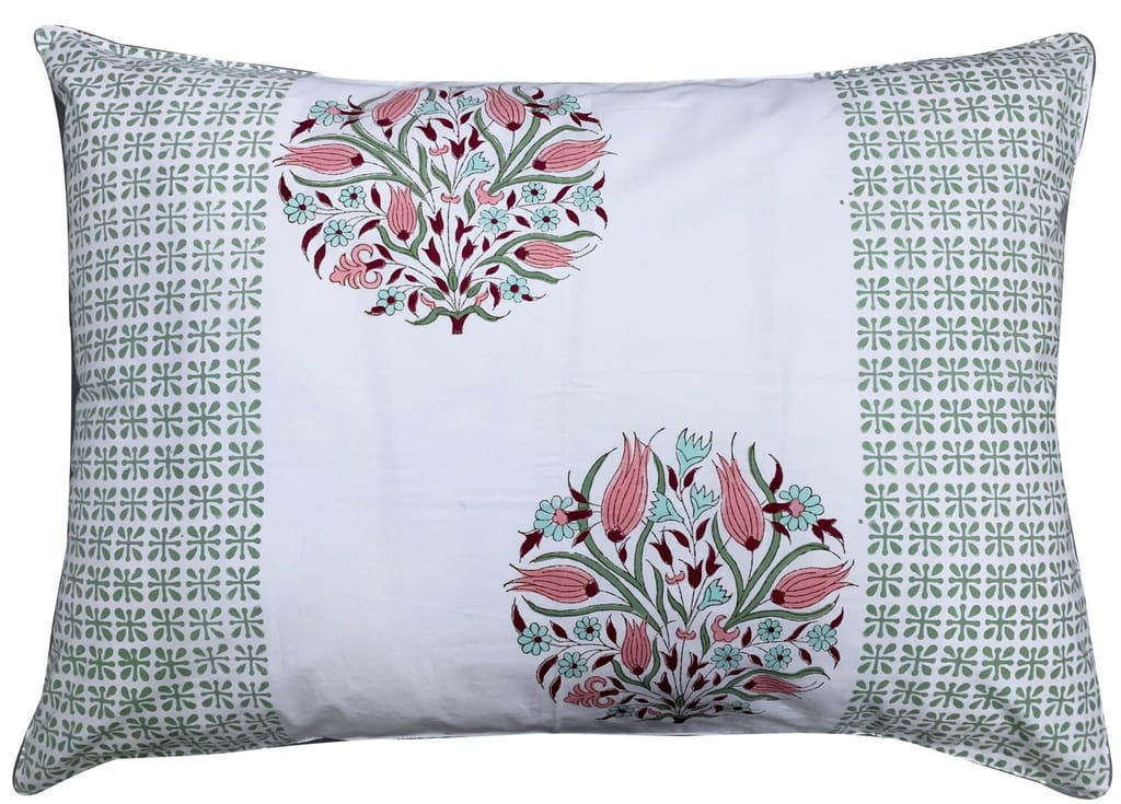 Amaltas Premium Cotton Block Print King Size Bedsheet + 2 Pillow Covers (Green, Pink & Off White)