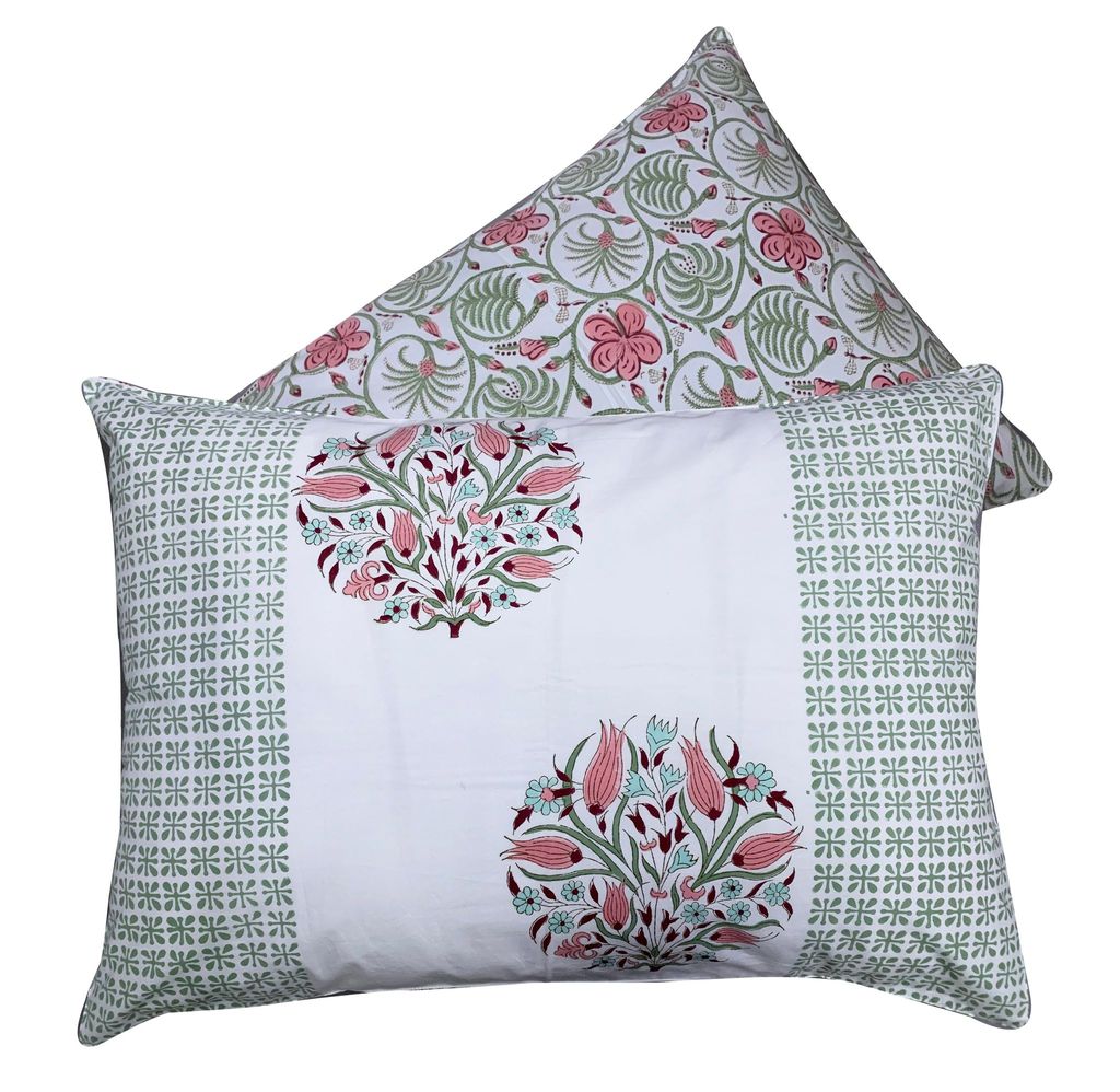 Amaltas Premium Cotton Block Print King Size Bedsheet + 2 Pillow Covers (Green, Pink & Off White)