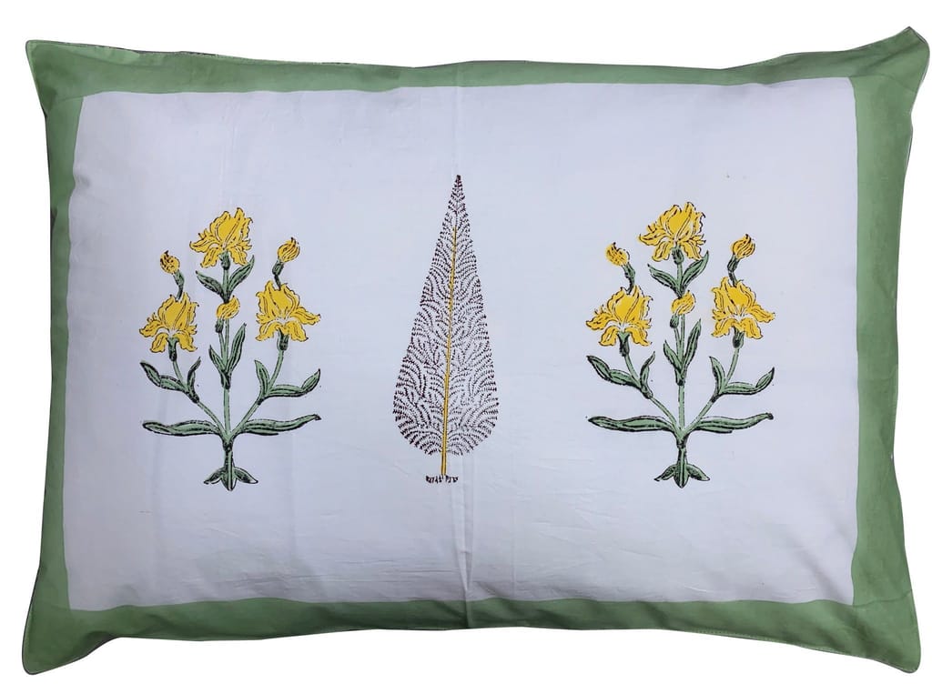 Gulbarg Premium Cotton Block Print King Size Bedsheet + 2 Pillow Covers (Green, Yellow & Off White)